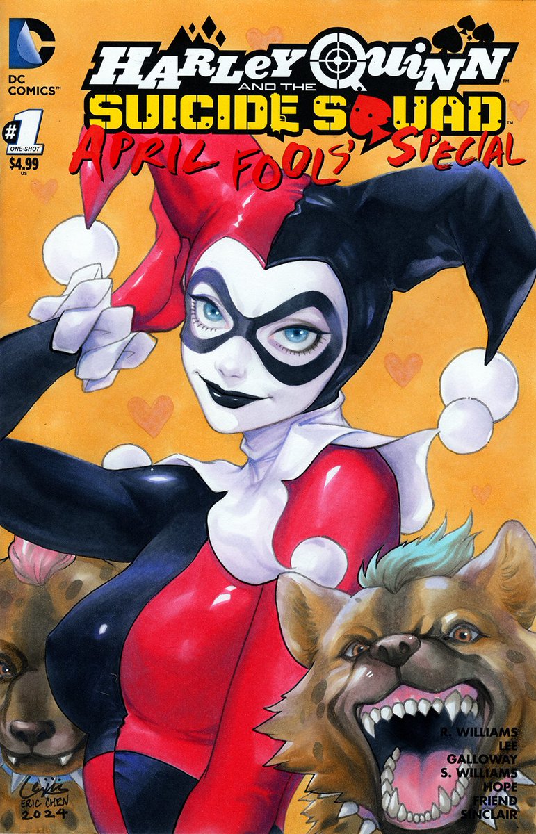 Classic Harley Quinn with her hyenas Bud and Lou. Started with a sketch directly on the blank comic cover then filled in and outlined the piece little by little. Copic markers and multi liner inks as usual. This was for a stream event last month.