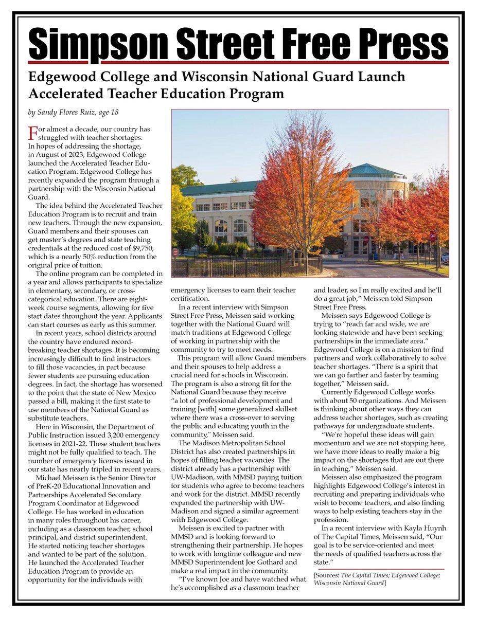 @EdgewoodCollege and Wisconsin National Guard tackle teacher shortages with a new innovative program. SSFP education reporter Sandy Flores has the story! Read more here or online:

simpsonstreetfreepress.org/education/Edge…

#NeverHandInYourFirstDraft #AcademicAchievement