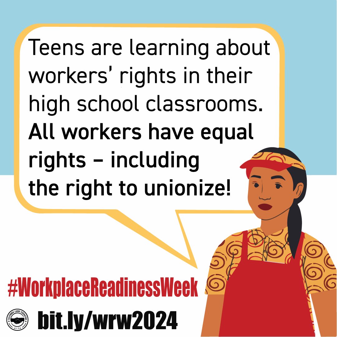 Thanks to AB 800, high schoolers are learning about labor law protections from: ❌workplace hazards ❌underpayment ❌wage theft And about their rights as workers to: ✅paid sick days ✅training ✅safety gear+equipment ✅unionization #WorkplaceReadinessWeek bit.ly/wrw2024