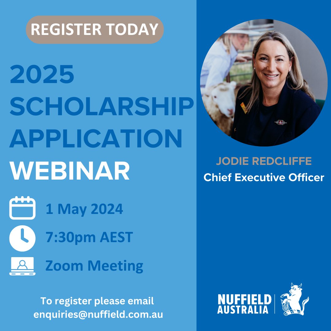 Last chance to register for our Scholarship Q&A Webinar TONIGHT! To hear from our CEO, Jodie Redcliffe, about the application process as well as the format of a Nuffield Scholarship, please email enquiries@nuffield.com.au to register for the Zoom Webinar tonight. #nuffieldag