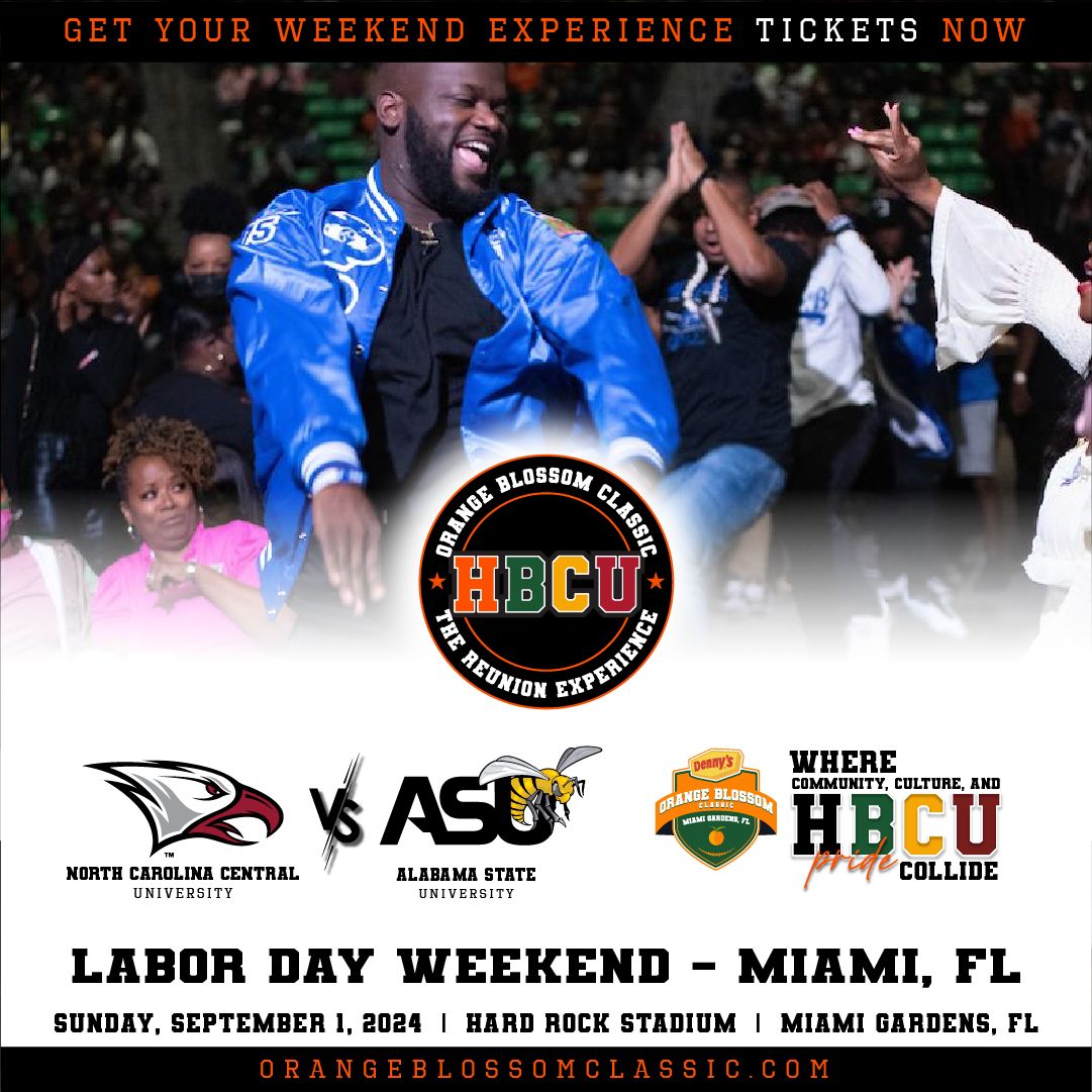 It's the ultimate #HBCUhomecoming at the Denny's #OBC2024! Enjoy the battle of the bands, Fan Fest, tailgating, performances & the epic matchup bet. #NCCUEagles vs #ASUHornets. OBC weekend celebrates community, culture, and HBCU pride. Get your tickets at OrangeBlossomClassic.com