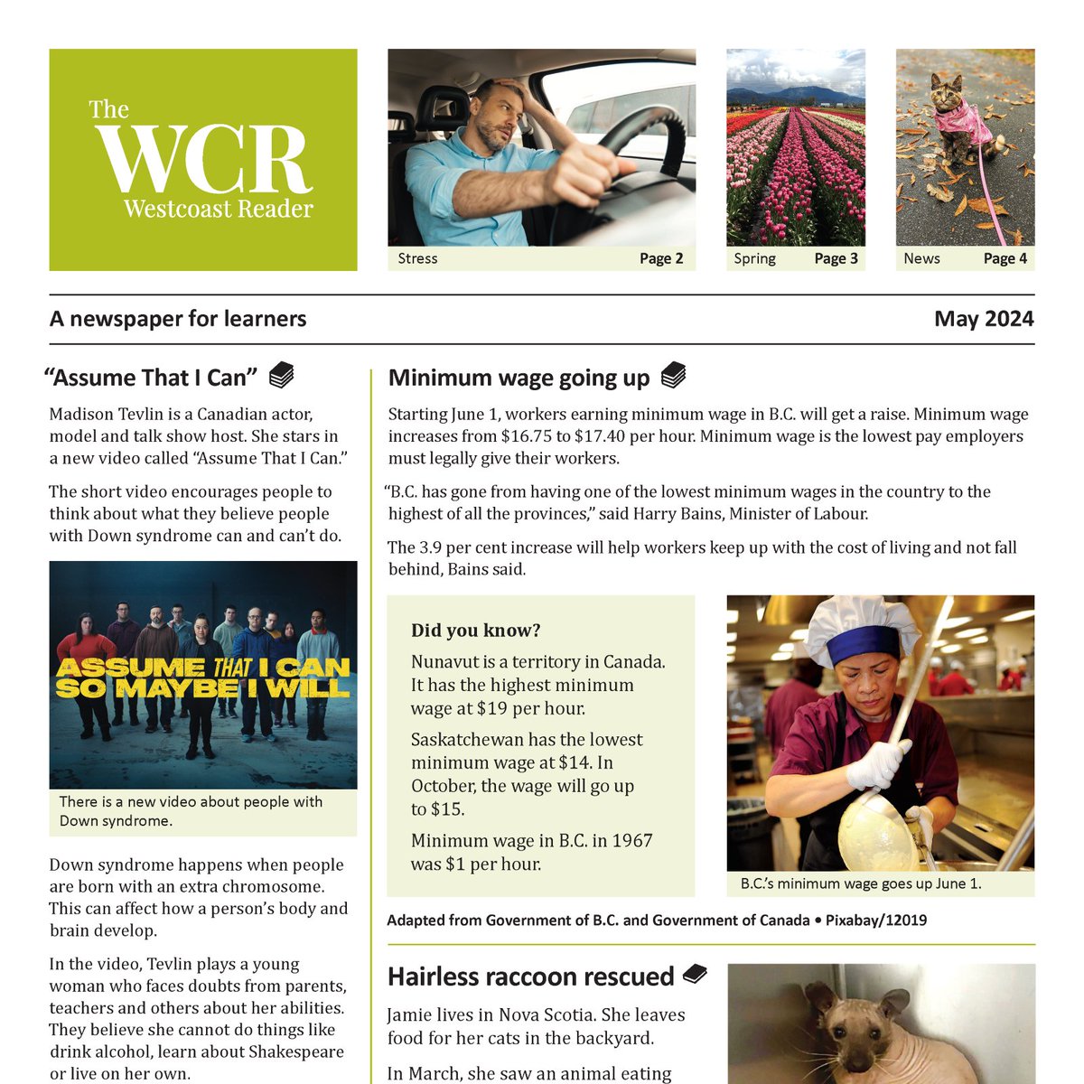 📰🏒🏋️‍♂️🐱🦝 The May issue of The WCR has new stories at three reading levels!
👉 Subscribe the monthly newspaper for learners, digital and/or print edition, and download the free Teachers’ Notes at: thewestcoastreader.com
#Newspaper #AdultLiteracy #AdultEducation #TeacherResource