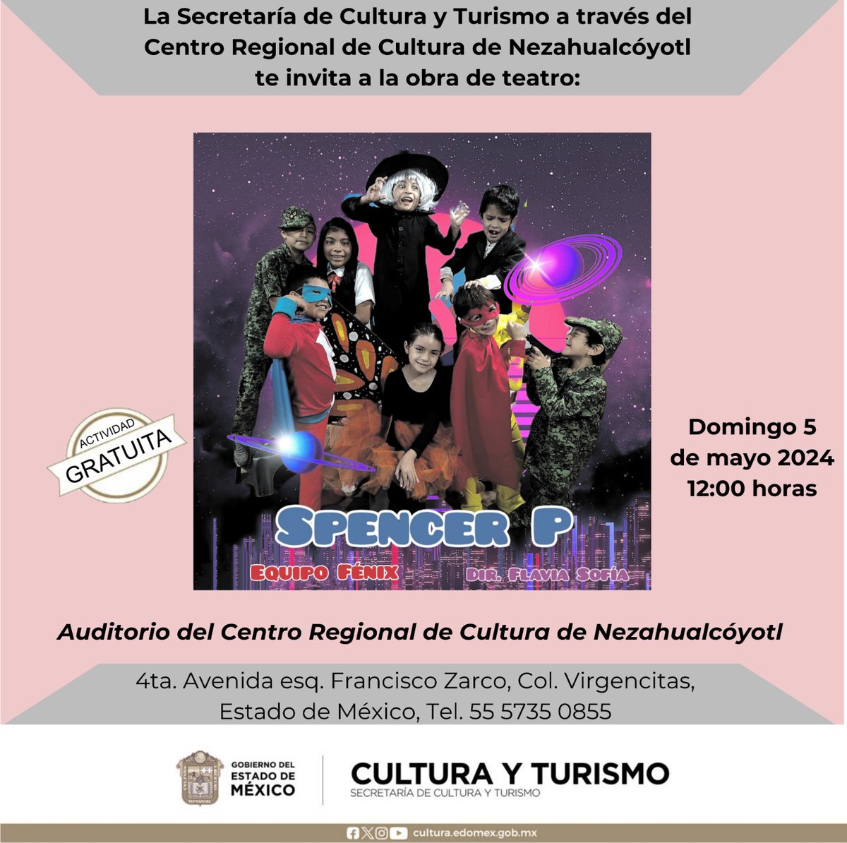 🎭 Te esperamos con todas las y los peques de casa en el Auditorio del Centro Regional de Cultura de #Nezahualcóyotl, para que disfruten de la Obra de #Teatro 'Spencer P', a cargo del Equipo Fénix. ¡No se lo pueden perder! ✨ 📅 Domingo 5 de mayo ⏰ 12:00 horas. 🎟️ #EntradaLibre