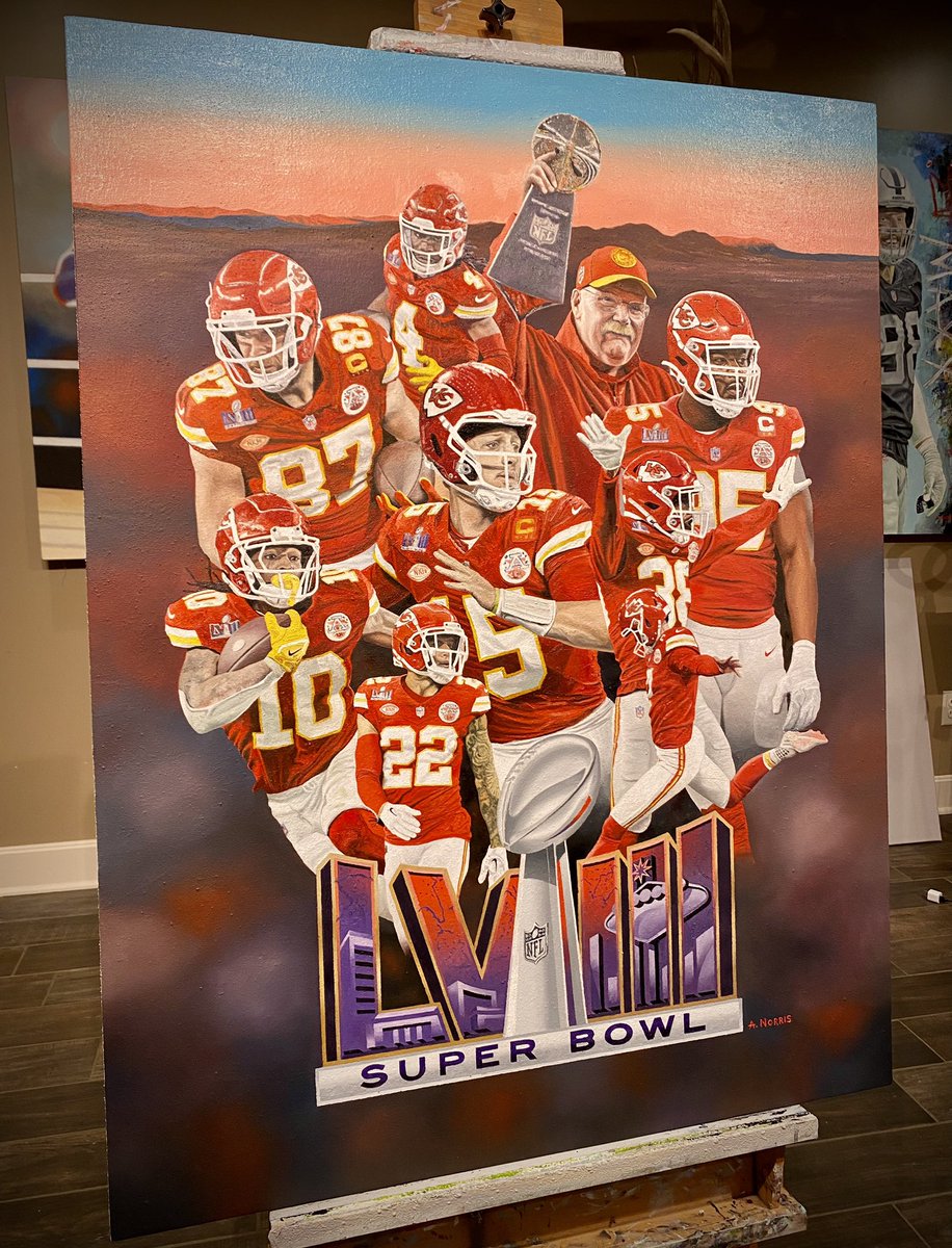 “SB LVIII Champions”. Oil on canvas. SOLD. @PatrickMahomes @tkelce @StoneColdJones