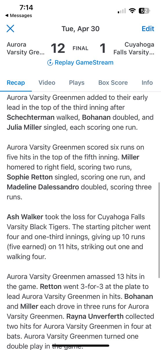 Aurora defeats Cuyahoga Falls 12-1 in 5 innings. @mckennahm2024 gets the W, striking out 10! @sretton2 going 3-3! @juliaemiller11 WITH A HOMER!!!! #dingerqueen Game recap below 👇🏼