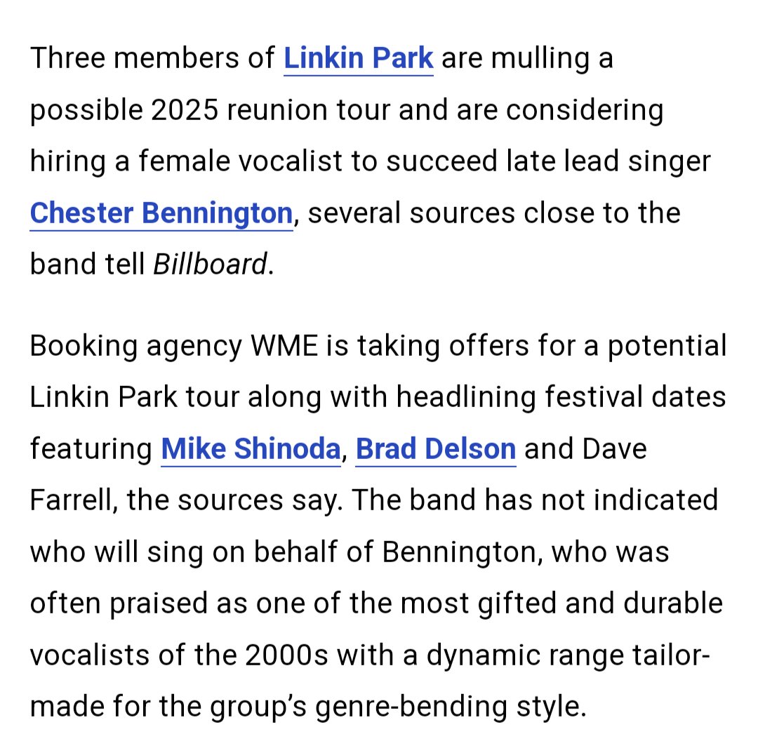 Rumors Linkin Park are looking to hire a female vocalist and a possible 2025 reunion tour are heating up. Source: Billboard