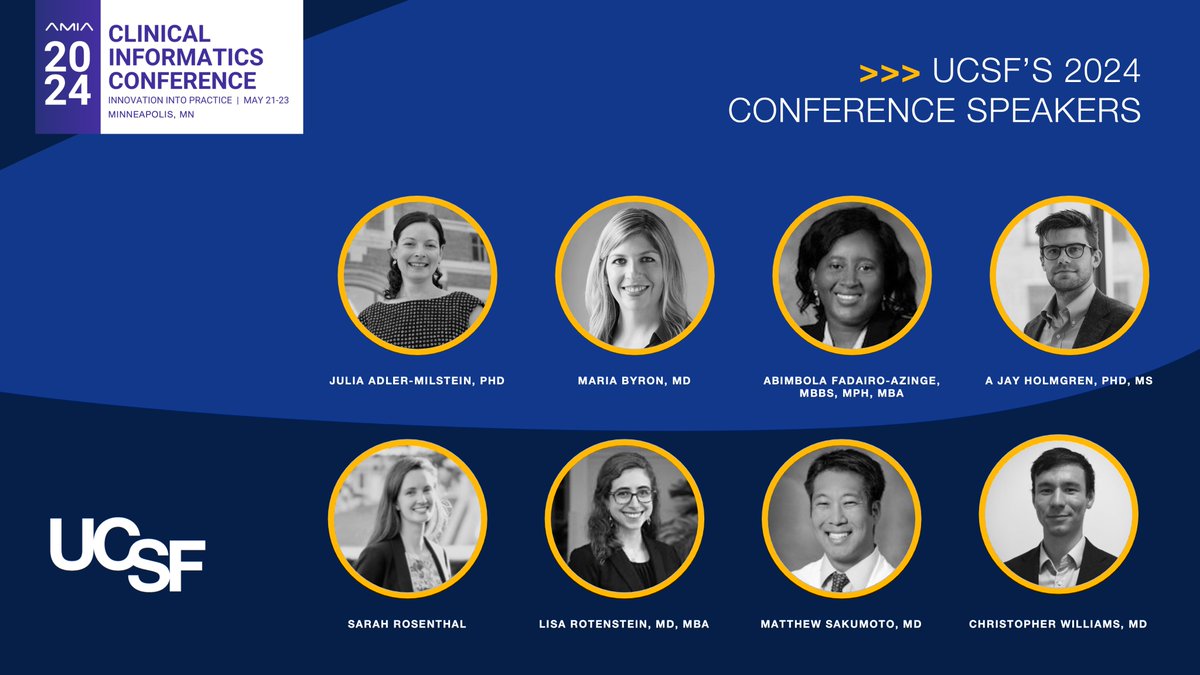 Announcing this year's UCSF-affiliated speakers at @AMIAinformatics CIC! View their session details and download the brochure here: tiny.ucsf.edu/Hdc66h @j_r_a_m, Maria Byron, Abimbola Fadairo-Azinge @AJHolmgren, Sarah Rosenthal, @LisaRotenstein, @MattSakumoto, @cykwilliams