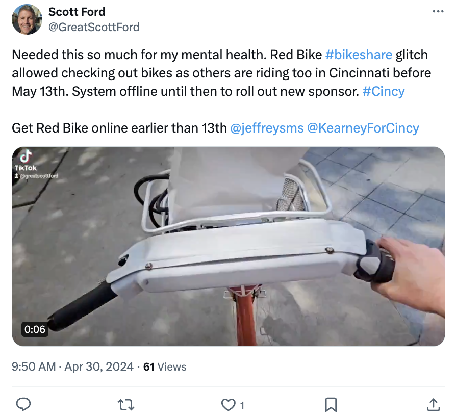 @TheUnKaren @GreatScottFord @X @WeMoveCincy @KearneyForCincy @jeffreysms @MeekaOwens @AftabPureval Video! @GreatScottFord abusing #CincyRedBike inside crowded retail stores needs to go to NEW sponsor @GE_Aerospace #GEAviation AND Ford stole the use of Cincy Red Bikes TODAY before they are officially  operable and posts about it. @cramerding_jeff @DeniseDriehaus  @ShereeWLWT