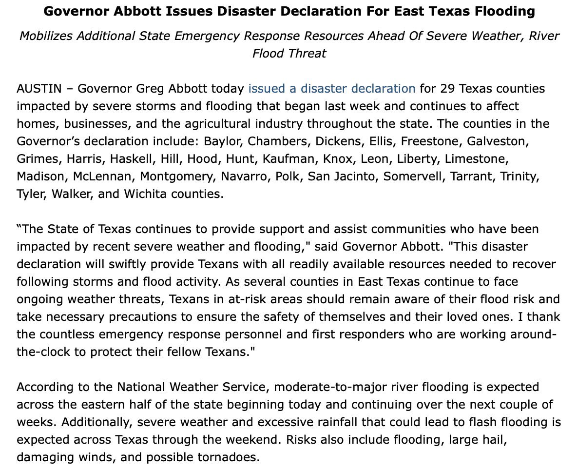 Gov. Abbott has officially declared a disaster for Chambers and Galveston counties. This will allow state funds to be sent down to help our communities impacted by heavy rain and flooding.