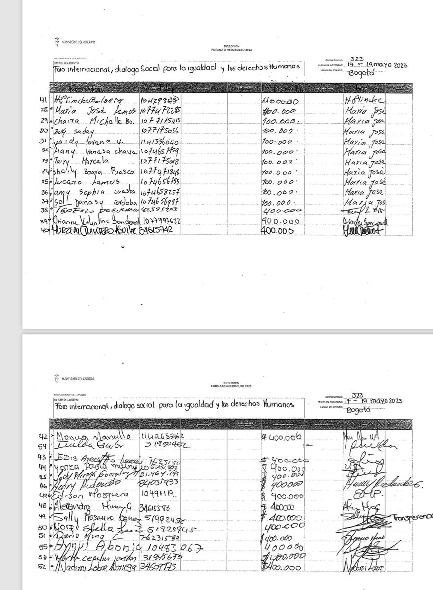 Estamos revisando la ejecución de los contratos de eventos del gobierno Petro y están llenos de planillas de personas que recibieron plata en efectivo o por Nequi para financiar el transporte a eventos del gobierno nacional. Estos son algunos ejemplos. Mucho ojo 👇🏻