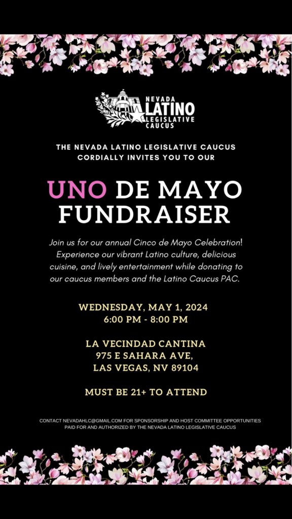 Join us for our Primero de Mayo fundraiser for the Nevada Latino Legislative Caucus! 🎉 Meet us at La Vecindad Cantina on May 1st at 6 PM. Your support powers our community! 💪 📍Location: La Vecindad Cantina 📅 Date: May 1, 6 PM