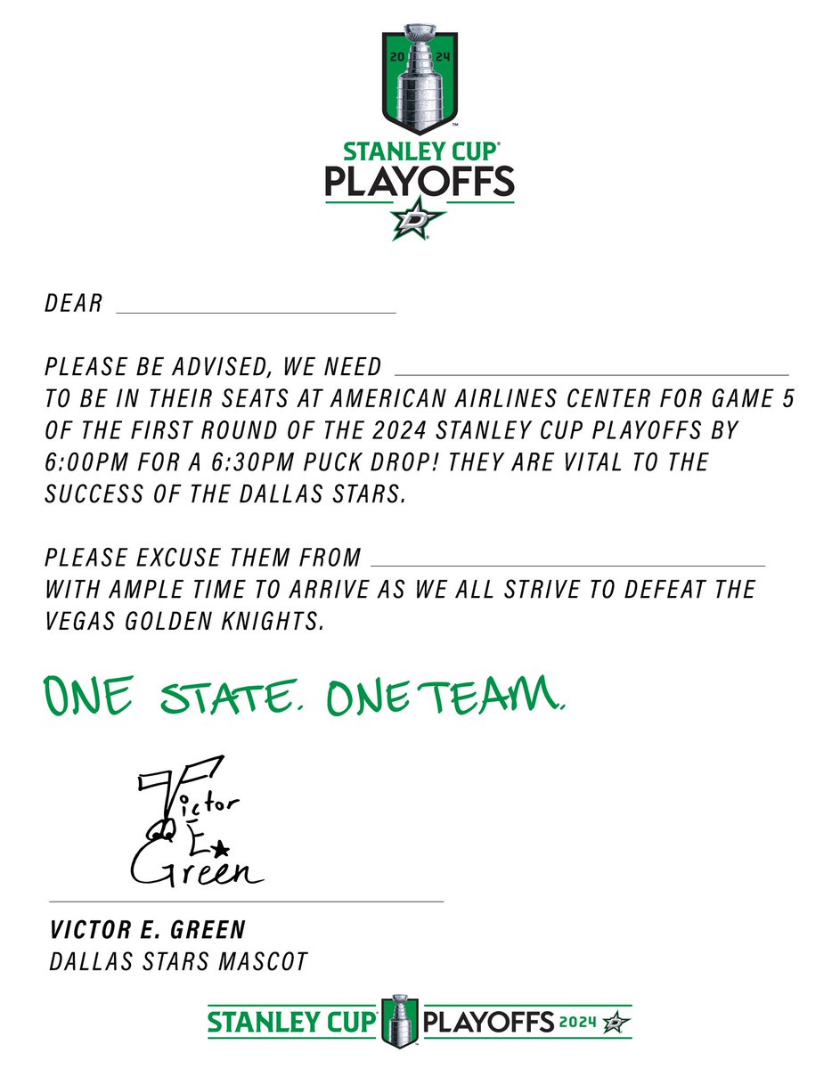 Am I a doctor? No. But do I want your butts in-seats at the @AACenter by 6pm tomorrow as the @DallasStars face the Vegas Golden squires? YEP. Just deliver the note below. I PROMISE your boss/coach/teacher will be on board. #TexasHockey