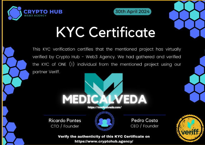 $MVEDA obtained a new KYC certificate on 30 April 2024, and undergoing KYC can demonstrate to potential investors and customers that the founder and $MVEDA are legitimate and trustworthy. This transparency helps in establishing a solid foundation for business relationships.