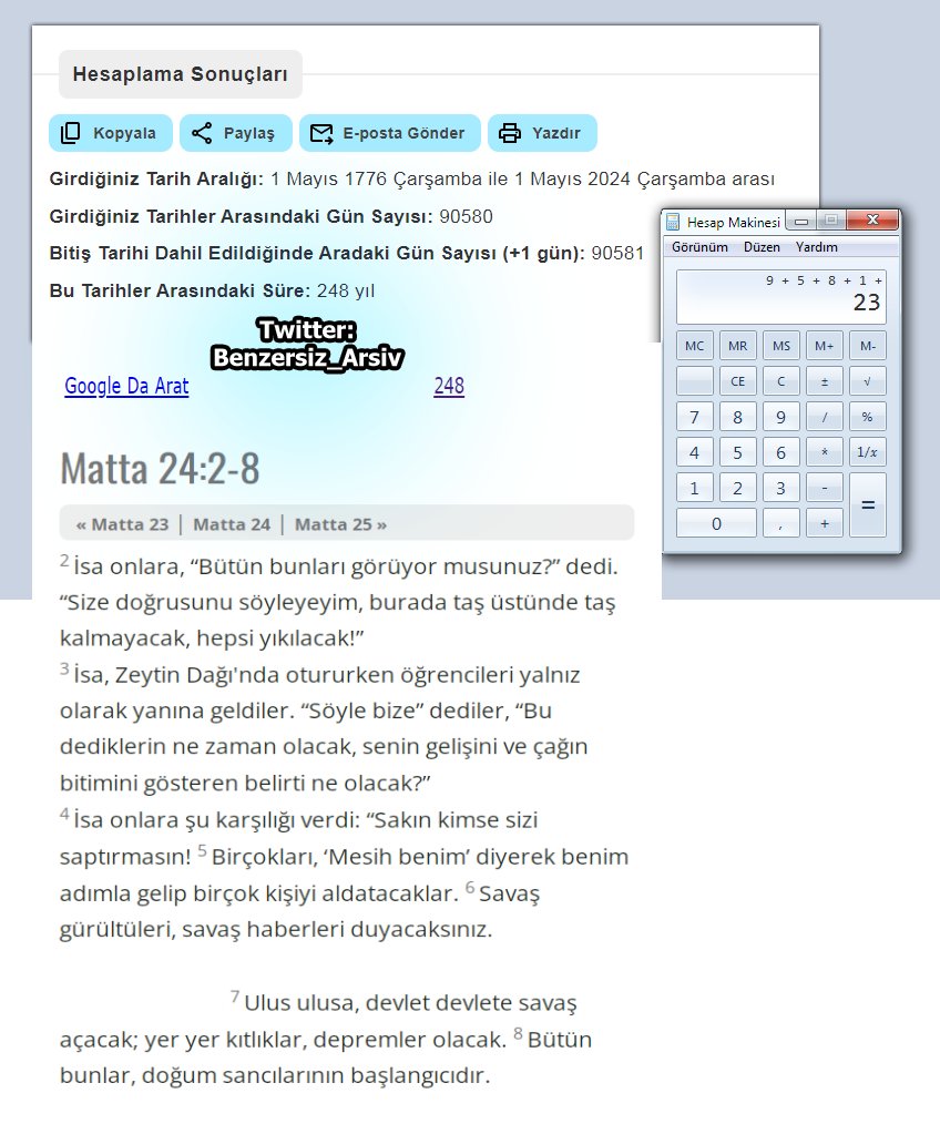 1 Mayıs 2024, İlluminati'nin 248. yılı.
 
248, Gematria'da, Google'da Arat kelimesine denk geliyor.
 
İncil, 24:2-8'de, Sahte Mesih ortaya çıkmadan önce, iç ve dış savaşların, depremlerin, kıtlıkların olacağı anlatılıyor.