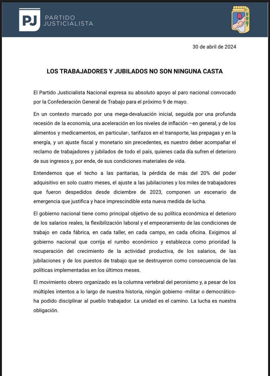 El Partido Justicialista Nacional expresa su absoluto apoyo al paro nacional convocado por la Confederación General de Trabajo para el próximo 9 de mayo.