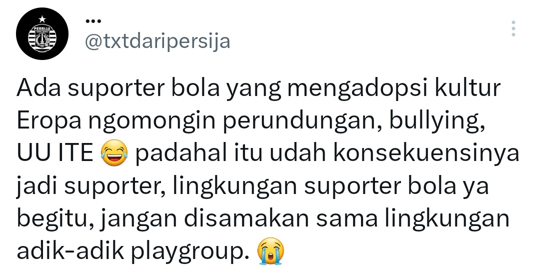 @txtdaripersija 135 mati, B ajaa.
Udah konsekuensinya jadi suporter, lingkungan suporter bola ya begitu, jangan disamakan sama lingkungan adik-adik playgroup!
135? Kalo perlu tambah. 👍🏿

Opini terbodoh sepanjang masa.