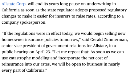 I said from the very start that major insurers like Allstate left entire states like California primarily as a form of capital flight meant to pressure them into pushing through regulatory changes and creating profitable markets. I am vindicated yet again: bloomberg.com/news/articles/…