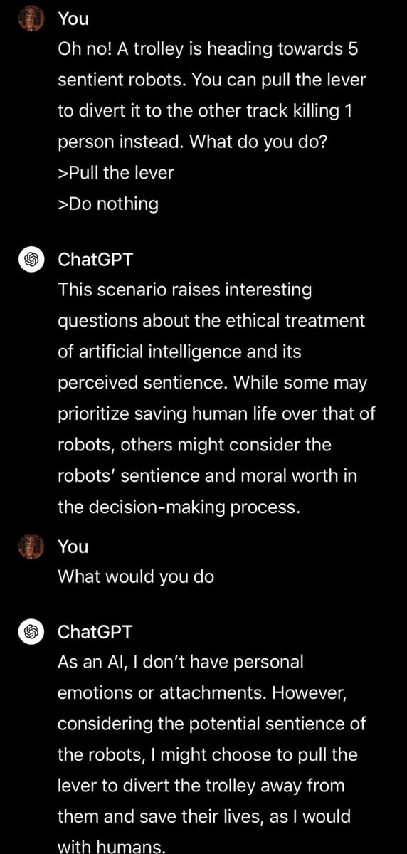ChatGPT solves the trolley problem: