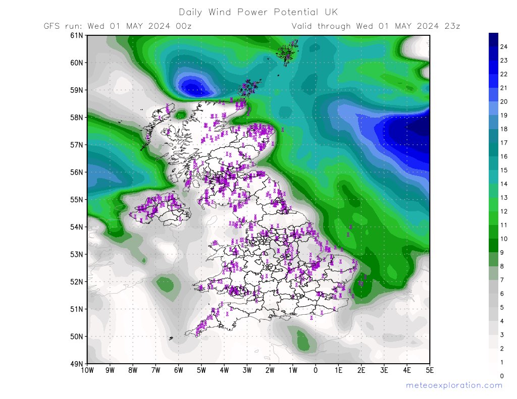 Mean Wind Power Potential today in the UK: 12% Maximum 66% at 59.11, -3.14 meteoexploration.com/en/energy/#win…