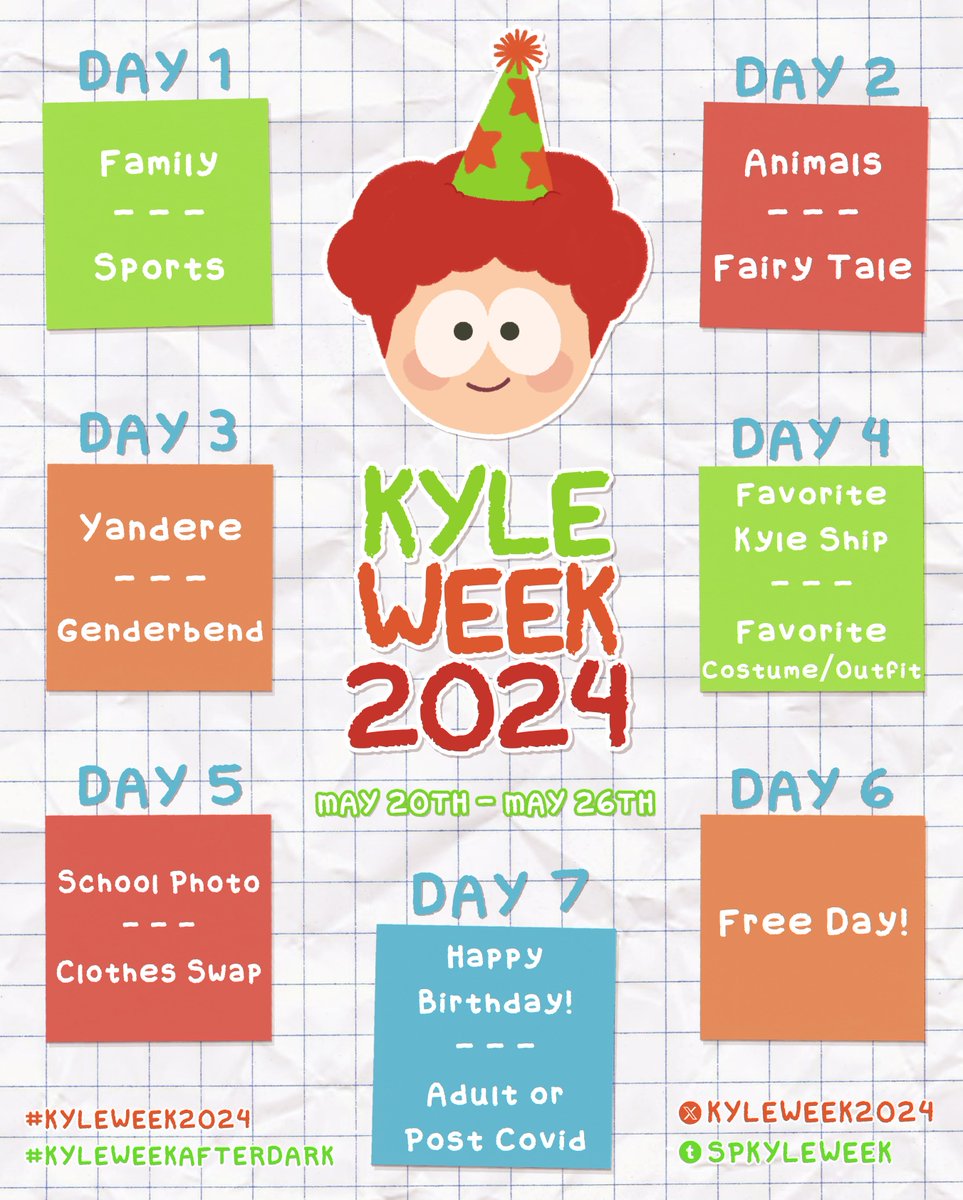 💚Kyle Week 2024 - SFW Prompt List🧡 Each day has 2 prompts to choose from, where you can draw, write, craft, edit, make a playlist, etc! Descriptions of the prompts are listed below for inspiration, but feel free to interpret them in your own way. 🧵 ⤵️ #spkyle #kyleweek2024