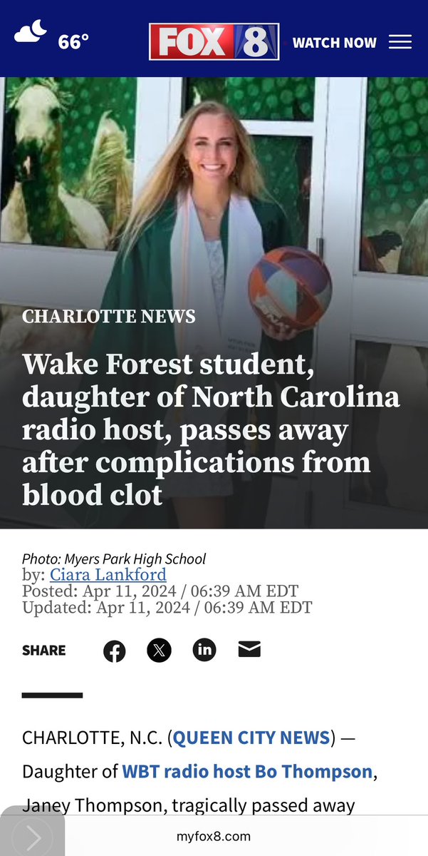 Breaking: 20-year-old daughter of famous radio host dies of a blood clot. 🩸🩸🩸 She was attending Wake Forest, which required proof of Covid vaccine for students. Let me know your thoughts below. Rip Janey Thompson You were barely 20!! #mRNA #AnotherOneGoneTooSoon