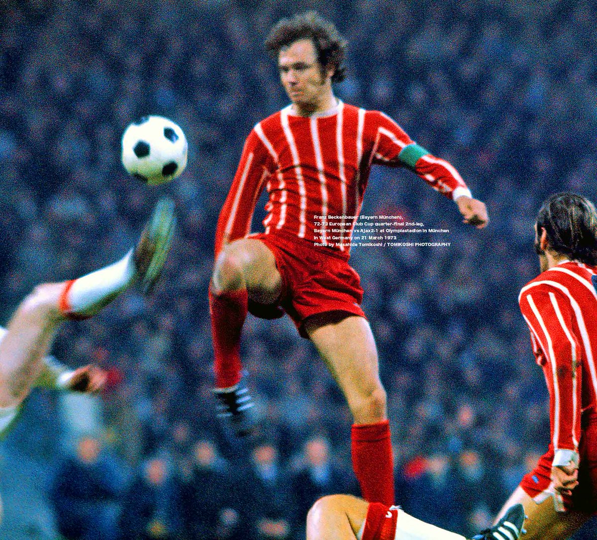 Franz Beckenbauer (Bayern München) jump 72-73 European Club Cup quarter-final 2nd-leg, Bayern München vs Ajax2-1 at Olympiastadion in München in West Germany on 21 March 1973 Photo by Masahide Tomikoshi / TOMIKOSHI PHOTOGRAPHY