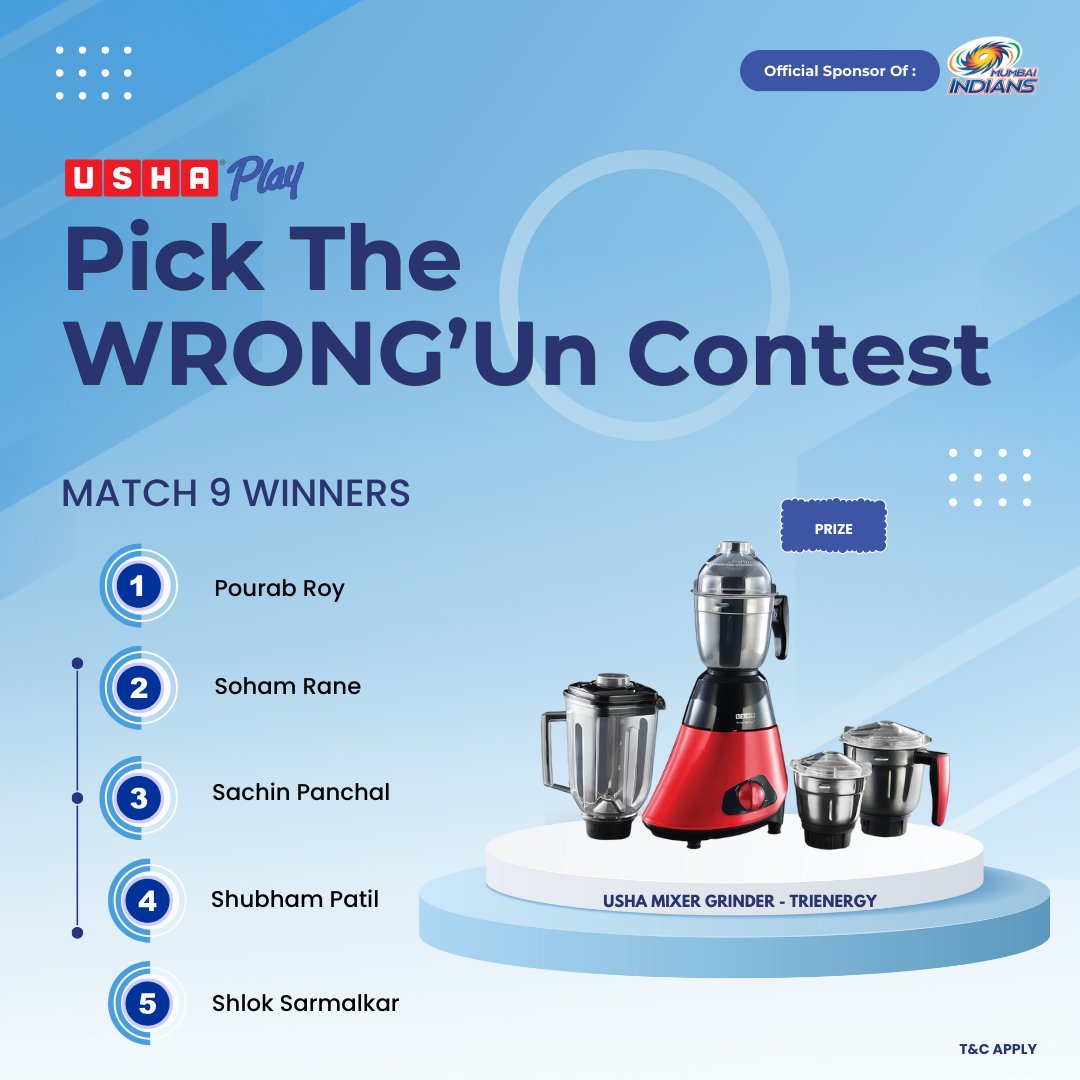 Spotlight on our Match 9 #UshaPlay 'Pick The Wrong'Un' champions! Your keen insights have earned you a Usha Mixer Grinder - Trienergy! Keep the wins coming — stay engaged with @ushaplay for more thrilling opportunities! #MumbaiIndians #OneFamily