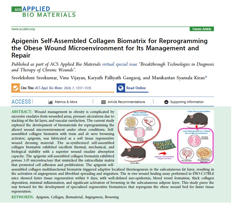 Happy to share the work of Dr Kiran M S, Principal Scientist BML & his research group on Apigenin Self-Assembled Collagen Biomatrix for Reprogramming the Obese Wound Microenvironment for Its Management and Repair @kjsreeram @CSIR_IND @DrNKalaiselvi 
doi.org/10.1021/acsabm…