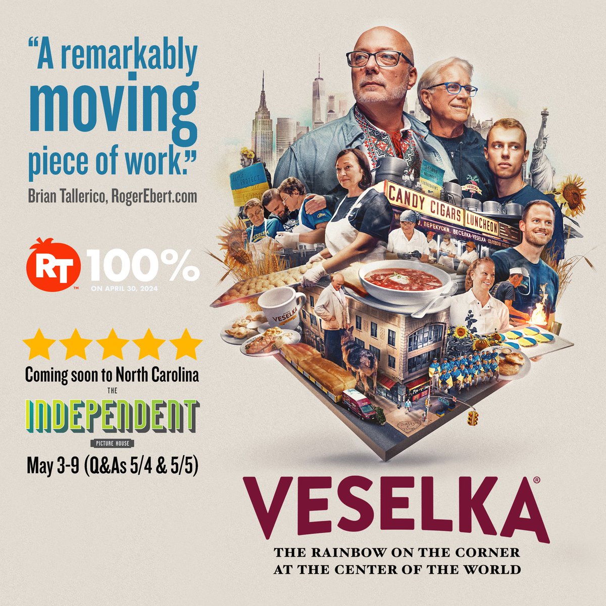 @VeselkaMovie will play in #CharlotteNorthCarolina at The Independent Picture House (@IPH_clt) May 3-9. See what happens when people unite to support Ukraine across 70 years in the @veselkamovie. Q&As with writer/director (5/4 at 7pm; 5/5 at 1pm)! Tix: independentpicturehouse.org/movies/veselka…