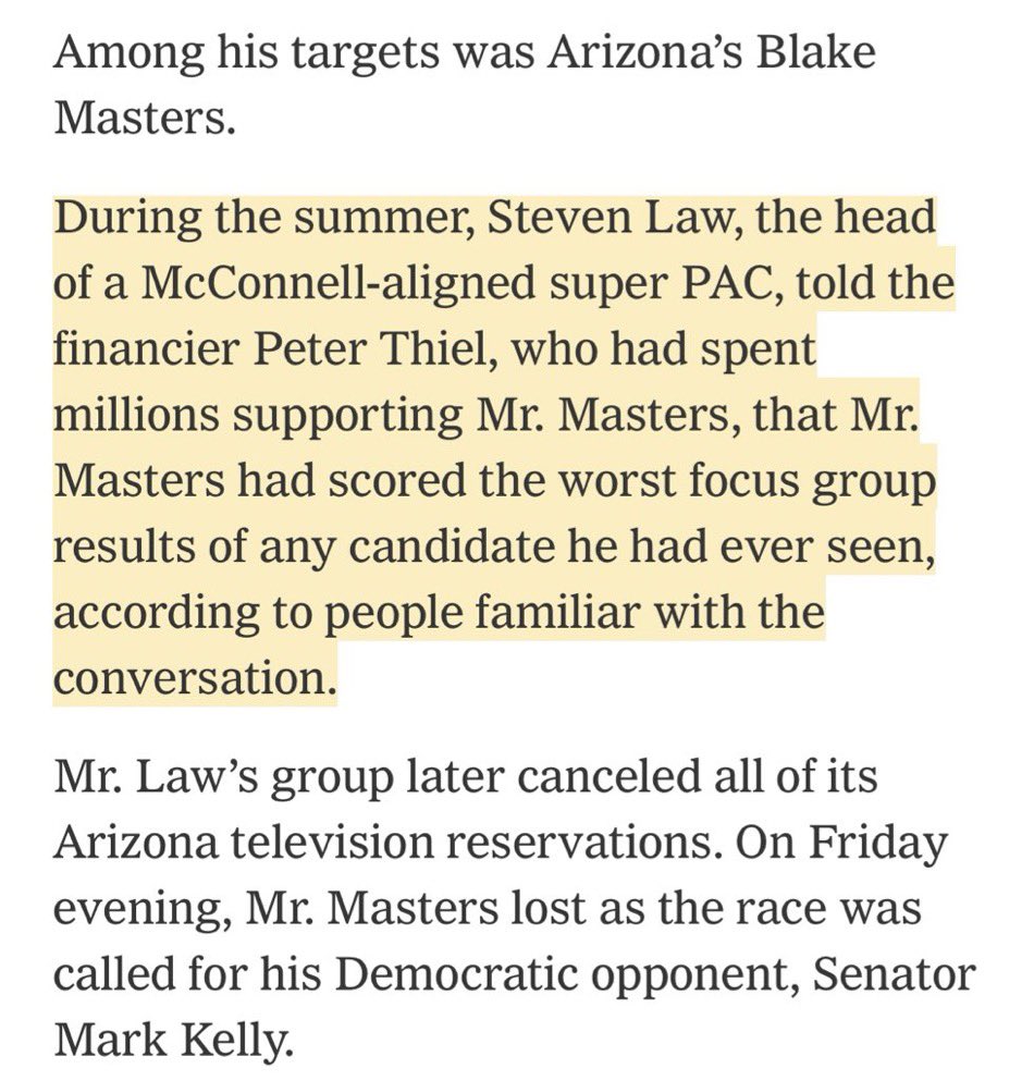 “Steven Law told the financier Peter Thiel, who had spent millions supporting Mr. Masters, that Mr. Masters had scored the worst focus group results of any candidate he had ever seen.”