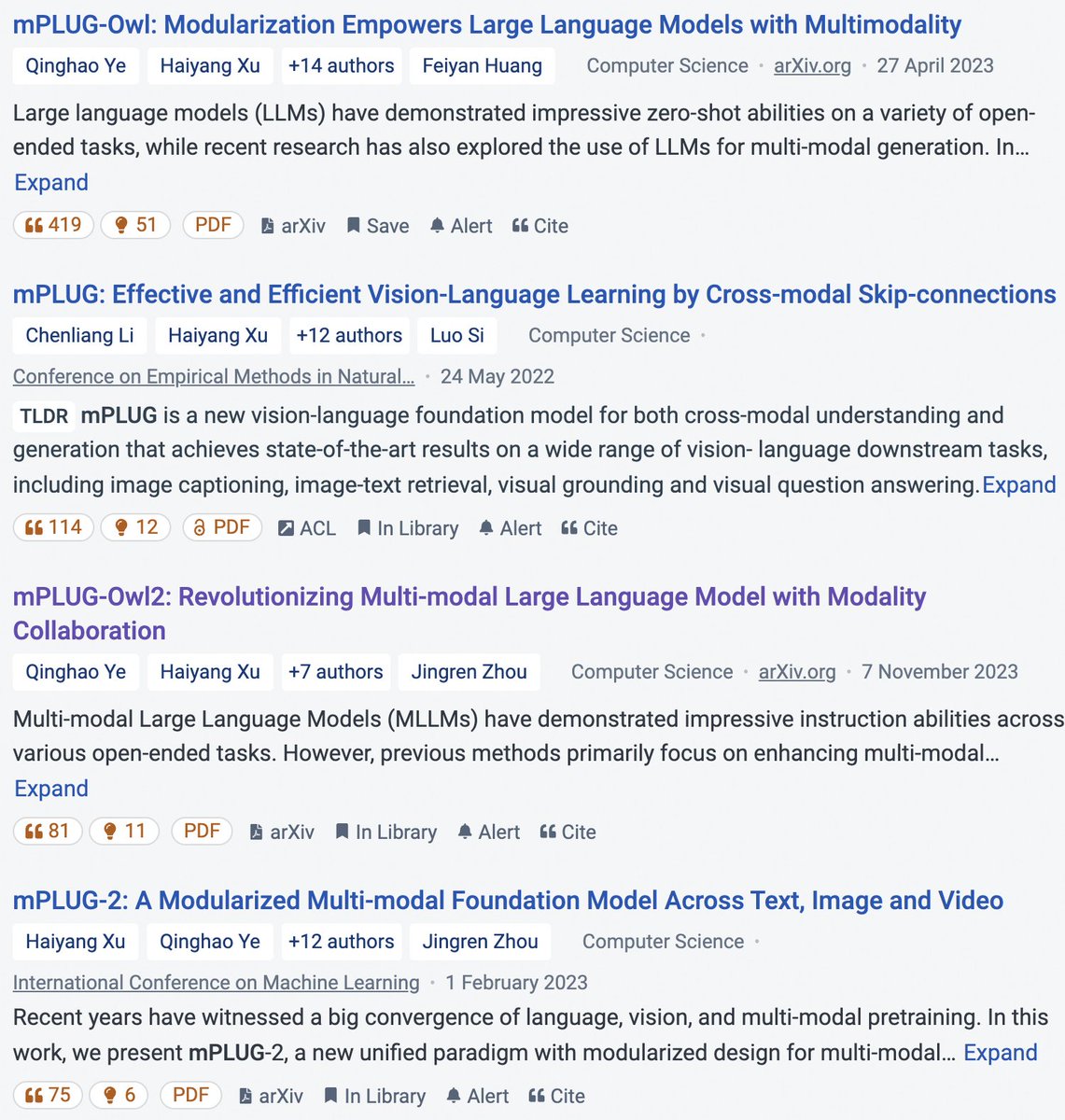 🚀mPLUG's Milestones
1. The mPLUG-Owl project reaches 2k stars
2. The mPLUG-Owl paper exceeds 400 citations，mPLUG exceeds 100 citations
3. The mPLUG-Owl2 is selected as CVPR 2024 Highlight
🔗Code: github.com/X-PLUG
🔥Welcome to ⭐️ and keep following the mPLUG Project！！