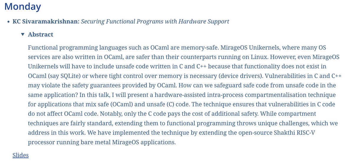 Spoke about @V_SVK97's work on running baremetal OCaml MirageOS unikernels on a security-hardened Shakti RISC-V processor. Slides are here: ifip-wg28.github.io/42-utrecht-202…