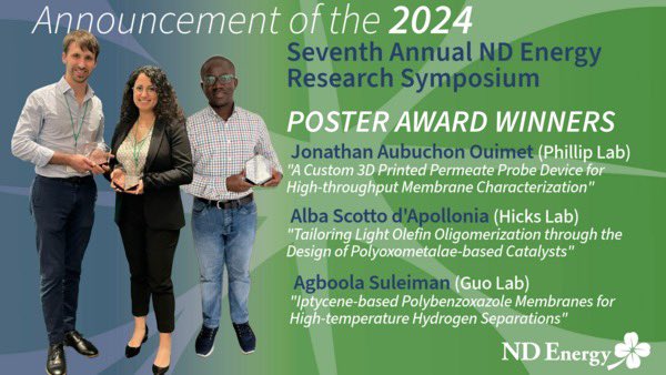 Congrats to @NDCBE grad students on receiving poster awards at NDE Research Symposium: Jonathan Ouimet (Phillip Lab), Alba Scotto d'Apollonia (Hicks Lab), and Agboola Suleiman (Guo Lab)! Kudos to all for delivering exceptional research presentations! energy.nd.edu/news-events/ne…