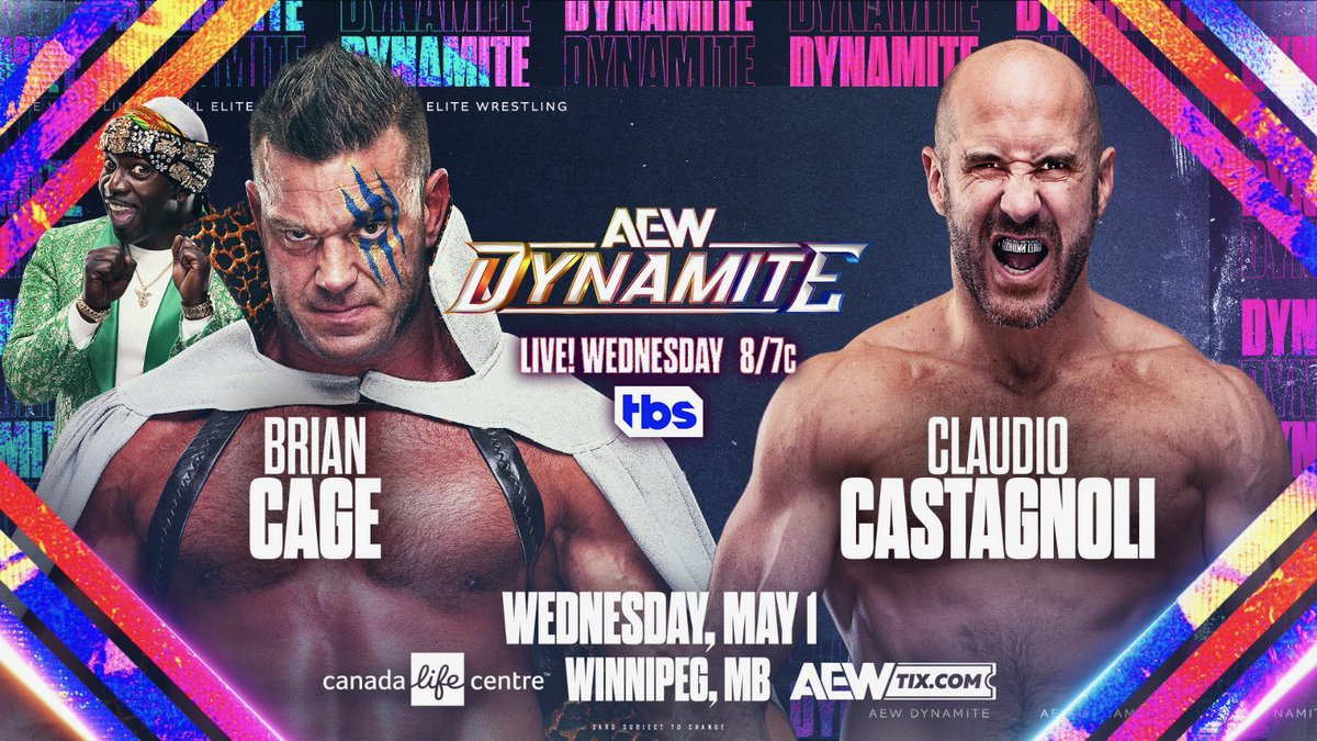 TONIGHT, 3-Hours of #AEWDynamite + #AEWRampage starts at 8pm ET/7pm CT on TBS #TheMachine Brian Cage vs Claudio Castagnoli After @ClaudioCSRO's amazing Main Event challenge vs #AEW World Champ @swerveconfident on Collision, he will challenge The Mogul Embassy's @briancagegmsi