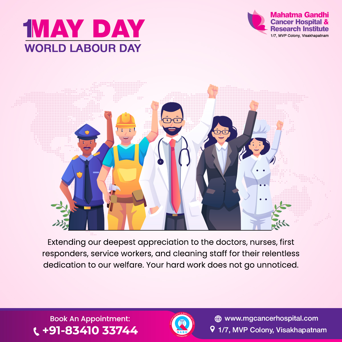 Saluting our healthcare heroes and all workers on May Day. Your tireless efforts ensure our wellbeing. Thank you for being our everyday guardians. 
#WorldLabourDay #HealthcareHeroes #ThankYouWorkers  #MGCHRI #MGCancerHospital