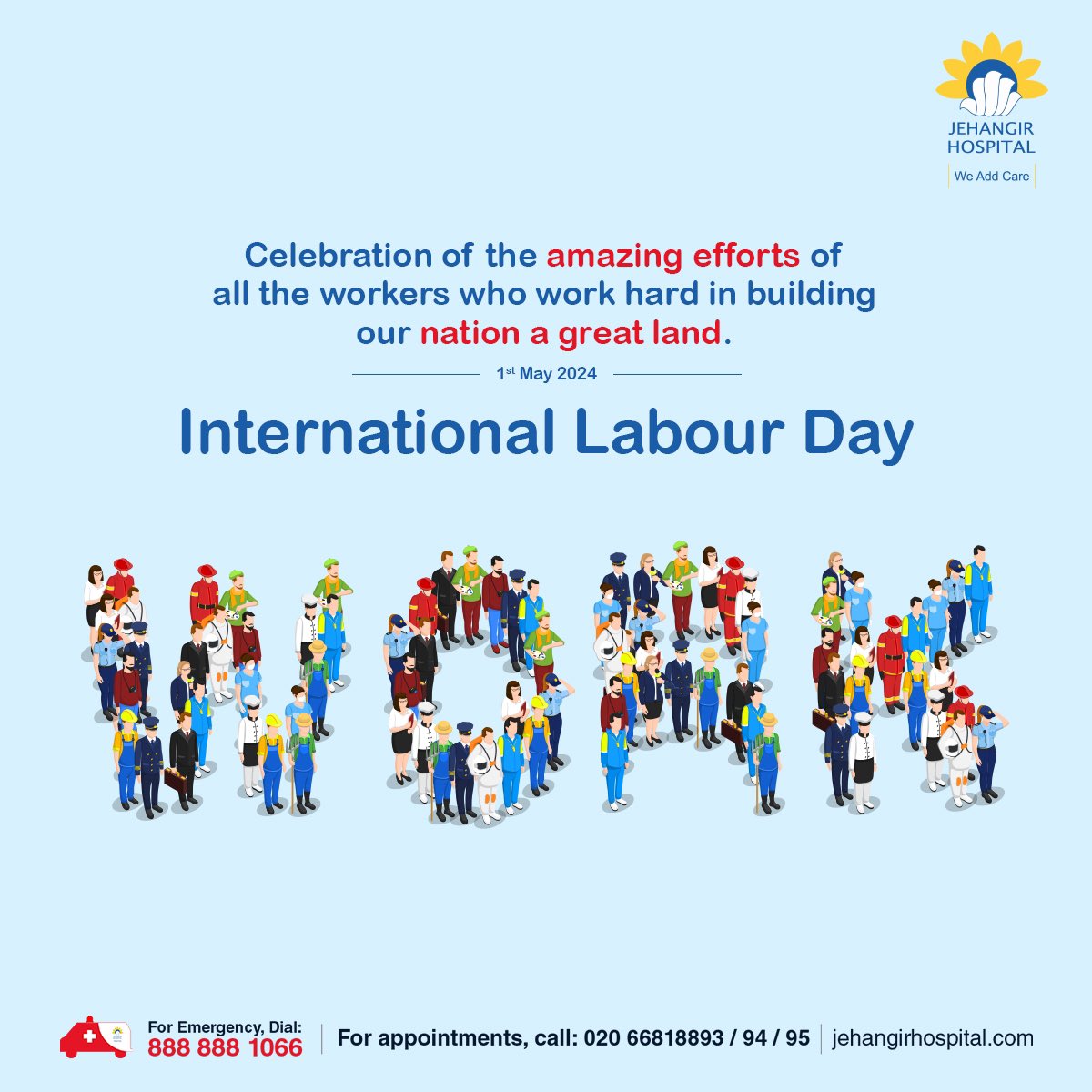 Jehangir Hospital joins in commemorating International Labour Day, a global tribute to the tireless efforts and invaluable contributions of workers everywhere.

#InternationalLabourDay #JehangirHospital #WeAddCare #PatientFirst #LiveHealthy #PatientCare