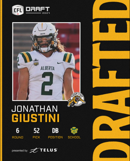 Congratulations to Jonathan Giustini DB. Selected by the #Hamilton #Tiger-Cats in the 6th Round, 52nd overall. #HamiltonProud #OskeeWeeWee #TheHammer #EatEmRaw #Ticats #MadeInTheHammer #BlackAndGold #HamOnt #Ontario #YHM #CFL @J_Giustini