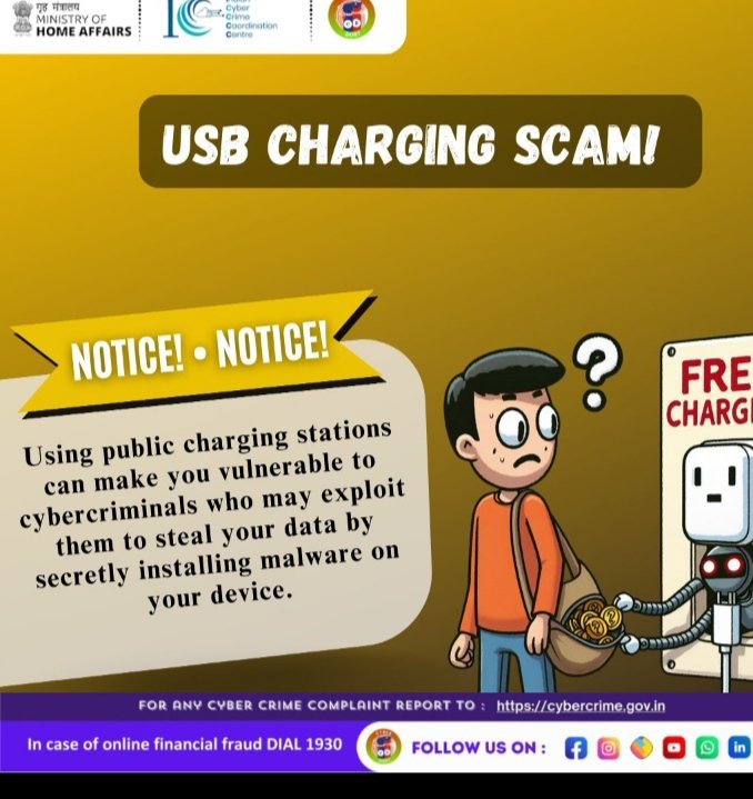 Charging your phone in public? Beware of the USB CHARGING SCAM! Cybercriminals can steal your data through compromised charging stations. Always use trusted sources or carry a portable power bank. Stay safe! #CyberSecurityAwareness #DigitalArrest #I4C #MHA #Cyberdost #Cybercrime#