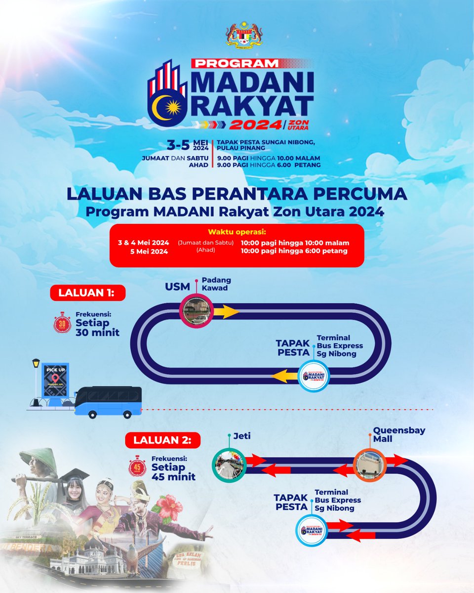 MalaysiaMadani's tweet image. Marilah kita meriahkan Program MADANI Rakyat 2024 Zon Utara, pelbagai aktiviti dan perkhidmatan untuk semua peringkat umur dibawakan untuk anda. 

Perkhidmatan 𝐁𝐚𝐬 𝐏𝐞𝐫𝐚𝐧𝐭𝐚𝐫𝐚 𝐏𝐞𝐫𝐜𝐮𝐦𝐚 turut disediakan bagi memudahkan pengunjung yang hadir. 
 
🚌 Laluan 1: Padang…