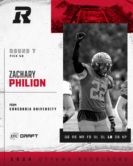 Congratulations to Zach Philion LB. Selected by the #Ottawa #RedBlacks in the 7th Round, 58th overall. #RNation #RedAndBlack #RougeEtNoir #BehindTheR #FlipTheScript #LetErRip #AllIn #RNationInvasion #YOW #Ontario #LCF #CFL @_doubledos