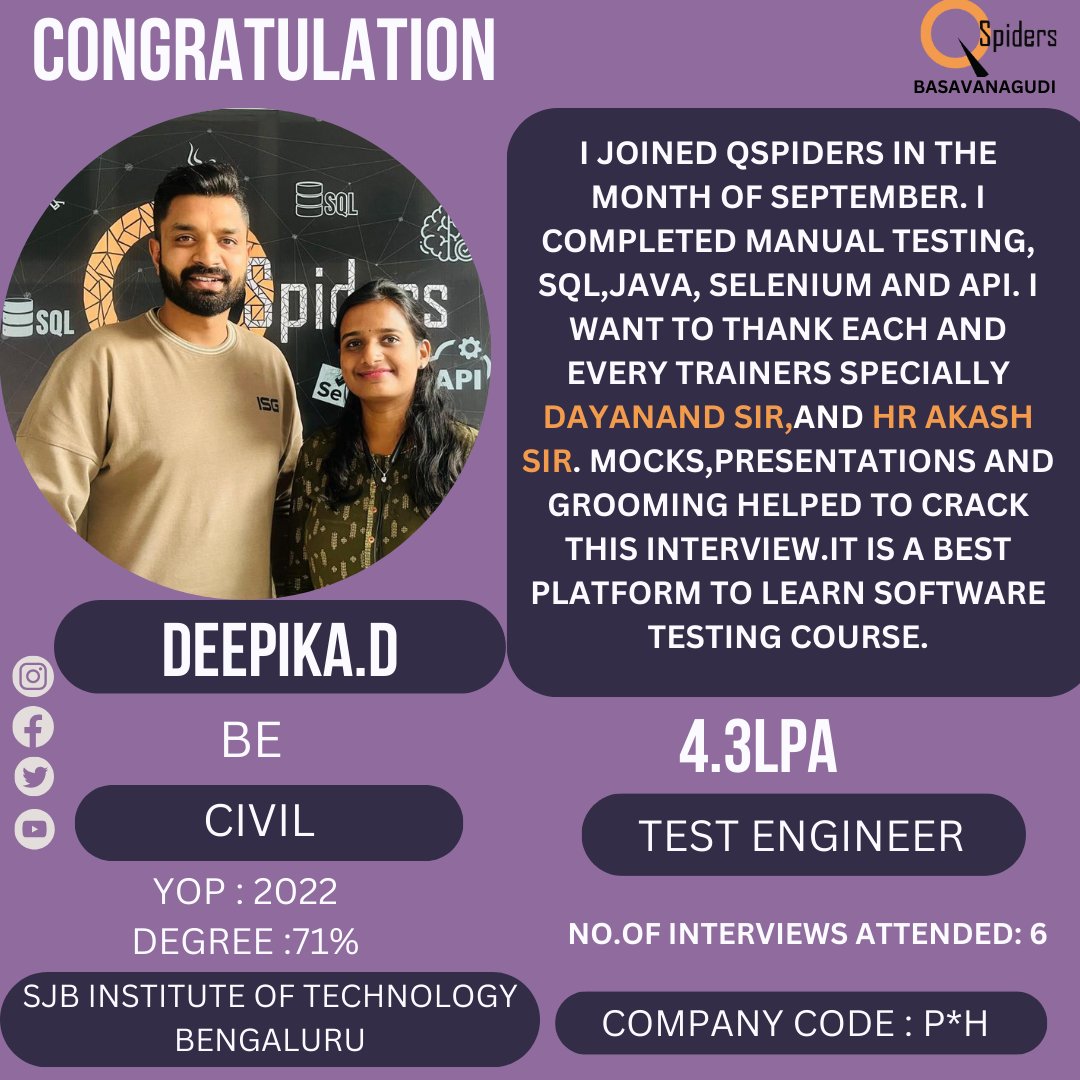 '🎉 Big shoutout to DEEPIKA.D on securing a fantastic placement!

🌟 Your hard work has paid off. Congratulations and best wishes for your future endeavors! 🚀✨

#CareerSuccess #NewBeginnings #Congratulations #JobPlacement #HardWorkPaysOff #qspidersbasavanagudi #qspiders