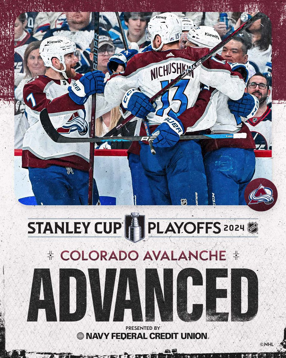 🏔️ THE AVS ADVANCE 🏔️

The @Avalanche are heading to the Second Round of the #StanleyCup Playoffs! 

Presented by @NavyFederal