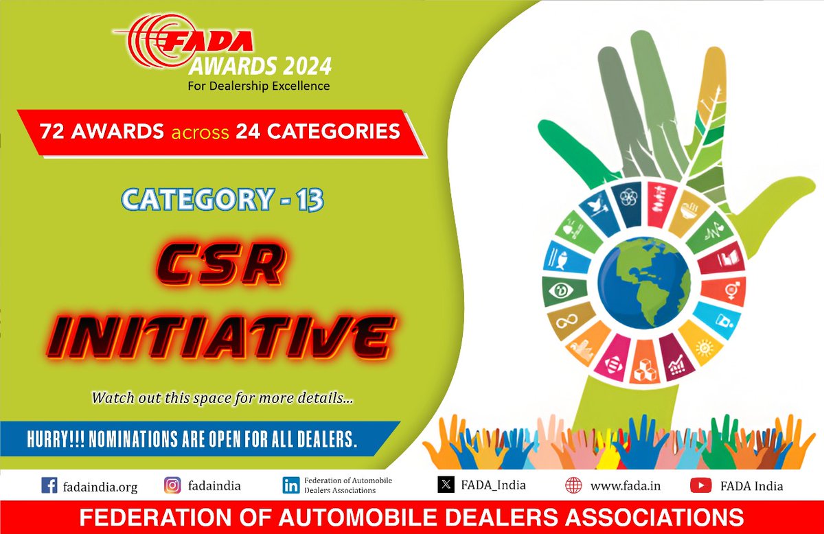 Join us in making a difference! 🌟

Nominations are now open for the FADA Dealership Excellence Awards 2024 in the CSR Initiative category.

Link: fada.in/event-details.… 

#FADA #ONOA #FADAAwards2024 #AutomobileExcellence #NominationsOpen