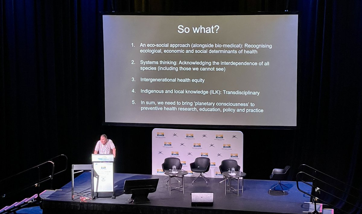 Prof Tony Capon @MonashMSDI calls on the public health community & beyond to strengthen eco-social (not only biomedical) approaches to health, acknowledge interdependence of systems & species, embracing Indigenous knowledge, & prioritising intergenerational equity #Prevention2024