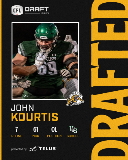 Congratulations to John Kourtis OL. Selected by the #Hamilton #Tiger-Cats in the 7th Round, 61st overall. #HamiltonProud #OskeeWeeWee #TheHammer #EatEmRaw #Ticats #MadeInTheHammer #BlackAndGold #HamOnt #Ontario #YHM #CFL