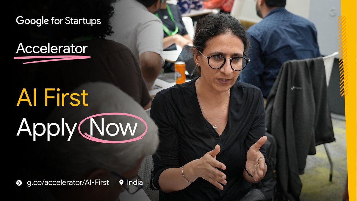 Inviting all AI-first startups from 🇮🇳 to apply for the 2024 Class of the @GoogleStartups Accelerator  Find the best support & guidance in building responsible AI solutions to tackle challenges around the globe 🌍🤝 Apply now 🔗 — g.co/accelerator/AI…