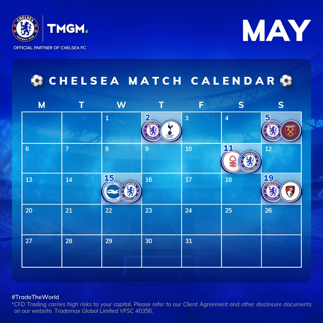 May Chelsea Match Calendar

Visit m.tmgm.com/tt to learn more.
.
.
.
#chelsea #football #premierleague #partnership #apac #official #online #forex #trading #global #trader #tradestocks #broker #financebroker #stocktrading #onlinebroker #financialfreedom…