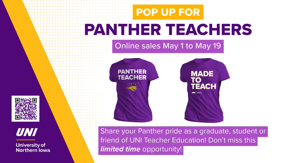 LIMITED TIME! The online pop-up store is back May 1 to May 19! Don't miss this chance to show your purple Panther pride as a student, alum or friend of UNI Teacher Ed! Details here: bit.ly/PantherTeacherT