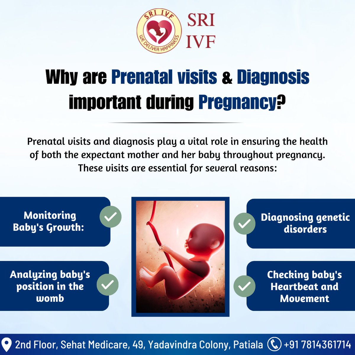 Prenatal visits are crucial for monitoring baby's health, diagnosing genetic disorders, and ensuring proper growth and position. Call us at +91 7814361714 #PrenatalCare #PrenatalVisits #GeneticDisorders #bestivfclinic #FertilityOptions #ivfcentre #ivfhospital #sriivf #patiala