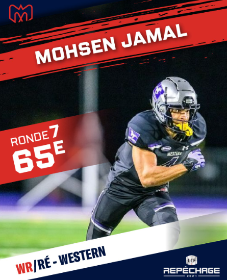Congratulations to Mohsen Jamal WR. Selected by the #Montreal #Alouettes in the 7th Round, 65th overall. #ToujoursGame #AlsMtl #Als #YUL #LightUpTheStadium #MontrealAls #GoAlsGo #IIIuminonsLeStade #Quebec #CFL #LCF @jamalmohs